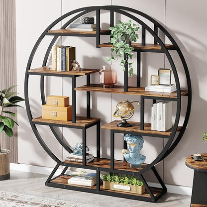 Tribesigns Bookshelf, Round Bookshelves Etagere Bookcase, 63 Inch Industrial Wood Book Shelf with Staggered Shelves, Rustic Open Shelving Organizer Rack Display Shelf for Home Office, Living Room