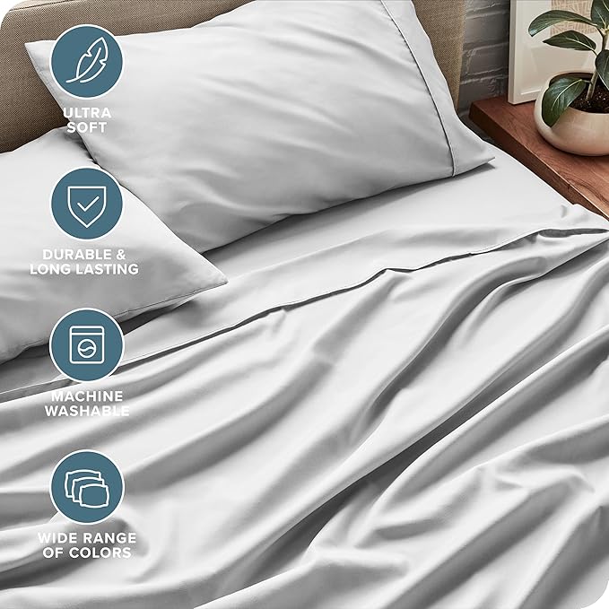 Bare Home Short Queen Sheet Set - 1800 Ultra-Soft Microfiber - Double Brushed - Deep Pockets - Easy Fit - 4 Piece Set - Bed Sheets (Short Queen, Cloud Grey)