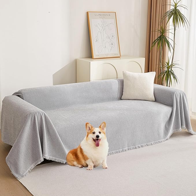 MYSKY HOME Chenille Sofa Cover for Dogs Cats Light Gery Couch Cover with Tassel Edge Farmhouse Furniture Protectors for Pets Thick Durable Sectional Couch Covers for 2 Cushion Couch, 71"x 102"