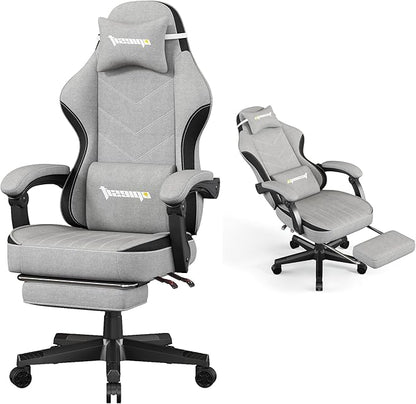 Gaming Chair,Fabric Computer Chair with Pocket Spring Cushion,400 lb Load Capacity,Ergonomic Office Chair with Footrest,Height Adjustable Video Gamer Chair with Lumbar Support (Grey)