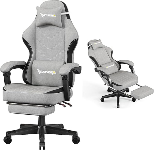 Gaming Chair,Fabric Computer Chair with Pocket Spring Cushion,400 lb Load Capacity,Ergonomic Office Chair with Footrest,Height Adjustable Video Gamer Chair with Lumbar Support (Grey)