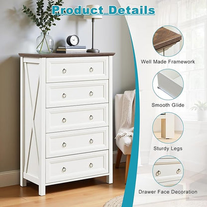 31.3" Farmhouse Sideboard Buffet Cabinet with Storage, Kitchen Buffet Storage Cabinet with 5 Drawers, Modern Wood Accent Sideboard for Living Room, Kitchen, Hallway(Ivory White)