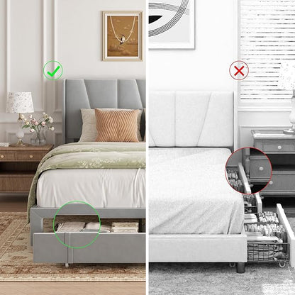 Full Bed Frame with Storage Drawers, Upholstered Platform Bed with Headboard and Wingboard, No Box Spring Needed, Noise Free, Easy Assembly, Wooden Support Slats, Light Grey