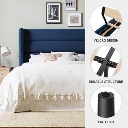 Allewie Queen Size Platform Bed Frame with Velvet Upholstered Wingback Headboard, No Box Spring Needed, Under Bed Storage Space, Wooden Slats, Modern Mattress Foundation, Easy Assembly, Blue