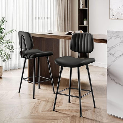 24-Inch Leather Bar Stools Set of 4, Counter Height Barstools with High Backrest，Bar Chairs for Kitchen Island with Heavy Duty Metal Legs, Black