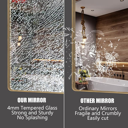 50x40 Inch Gold Bathroom Mirror, Rounded Rectangle Gold Frame Mirror, Brushed Gold Brass Bathroom Vanity Mirror Wall-Mounted, Anti-Rust, Hangs Horizontally or Vertically