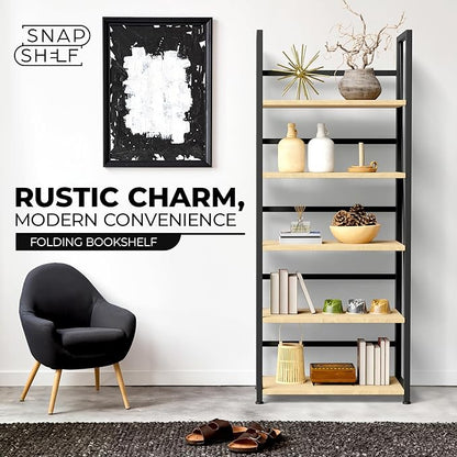 5 Tier Wood Book Shelf Organizer, No Assembly Bookshelf for Bedroom Living Room Office, Rustic Foldable Book Case, Tall Bookshelves, Open Book Shelves, Decorative Folding Shelf Display, Tall Bookcase