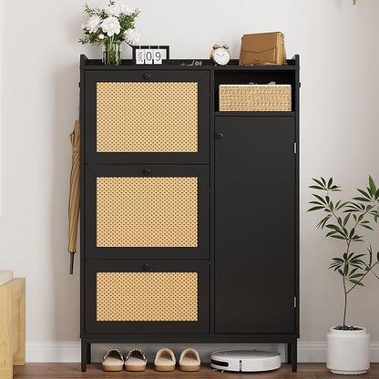 GarveeHome Shoe Cabinet Rattan with 3 Flip Drawers and 4-Tier Shoe Storage Cabinet, Freestanding Shoe Organizer with Adjustable Shelves for Entryway, Closet, Hallway (Black)