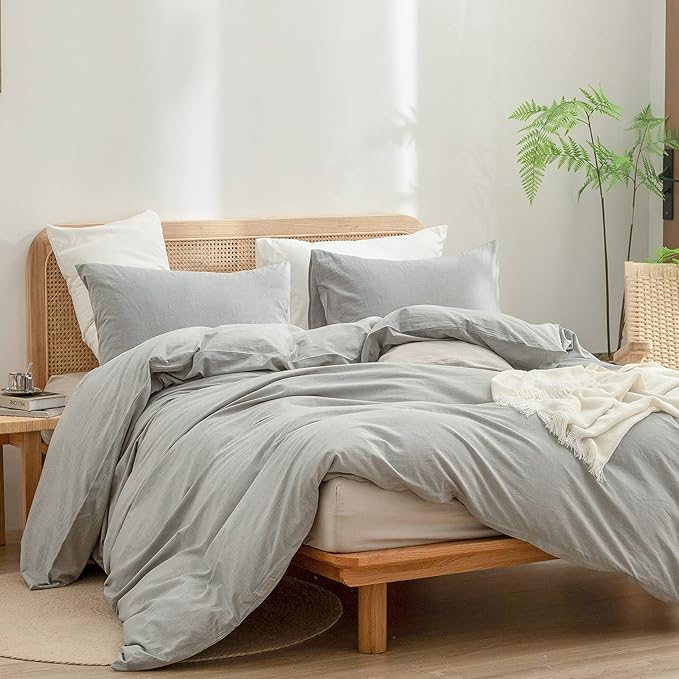 BESTOUCH Duvet Cover Set 100% Washed Cotton Linen Feel Super Soft Comfortable Chic Lightweight 3 PCs Home Bedding Set Solid Light Grey Queen