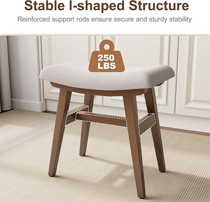 Solid Wood Small Vanity Stool, Compact Makeup Chair with Saddle Cushion, Linen-Covered High Rebound Sponge Seat, Easy Assembly Footstool for Bedroom, Entryway, Home, Walnut