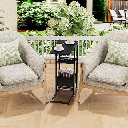 C Shaped End Table, Small Side Table for Couch, Recliner, Slide Under Sofa Tray Desk Snack Tables with Storage Bag for Living Room,Bedroom, Small Spaces - Black