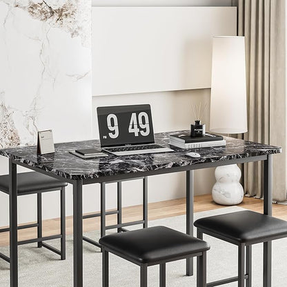 VECELO Kitchen Table and Chairs for 4, Dining Room Set with PU Chairs/Stools, Heavy-Duty Metal Frame, Faux Marble Tabletop, Space-Saving Design for Small Spaces, Easy Assembly, Elegant Black
