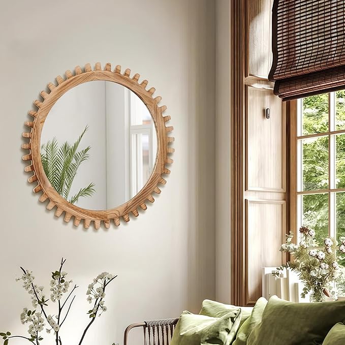 ULIKE Round Wood Mirror, 30 Inch Rustic Farmhouse Circle Mirror with Wooden Frame, Mordern Wall Decor for Bathroom Nursery Bedroom Living Room Entryway, Brown