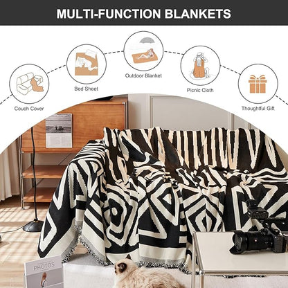 STACYPIK Boho Triangle Couch Cover for Dogs Non-Slip Sofa Cover for 3 Cushion Couch Sofa Beige Black Sectional Couch Cover Pet Furniture Protector Covers Reversible Anti Slip Loveseat Cover-91X134IN