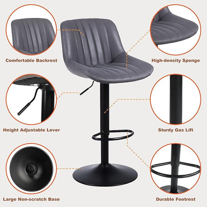 Bar Stools Set of 1, Swivel Counter Height Barstools with Back, Adjustable PU Leather Bar Chairs, Modern Armless Kitchen Island Stool, Dark Grey