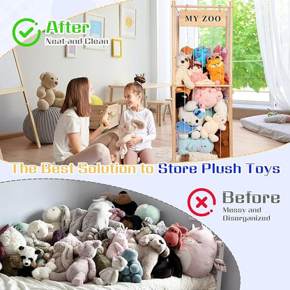 Stuffed Animal Storage Zoo, Wooden Stuffed Animal Organizer with Elastic Cords for Boys Girls, Space Saving Toy Plushies Storage Holder for Playroom, Bedroom, Living Room (Burlywood, Large)
