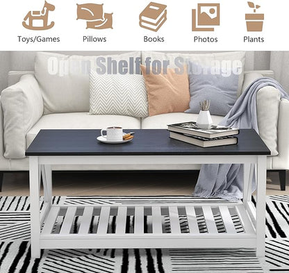 Farmhouse Coffee Table, Black and White Coffee Table for Living Room, 2-Tier Rectangular Wooden Centre Cocktail Table with Slats Shelf Storage and V-Shaped Frame Modern Coffee Tables Oak Black
