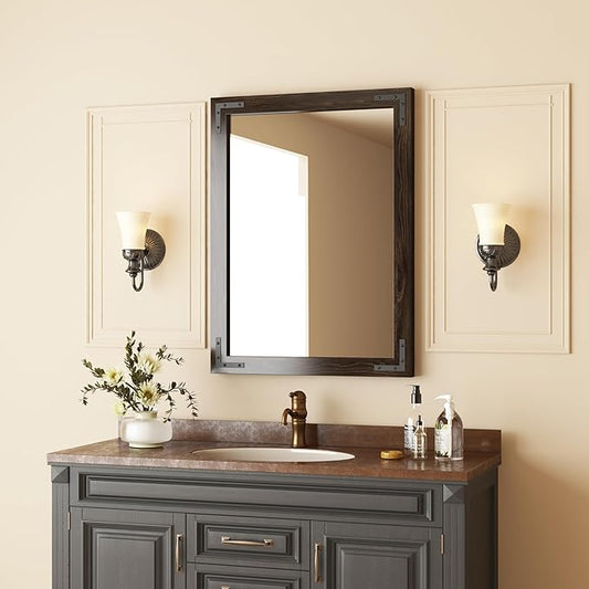 VocalStar Black Wood Framed Mirror 22 x 30 Inch, Rustic Natural Black Wooden Rectangle Bathroom Vanity Wall Mirror for Farmhouse Boho Decor, 1/4-inch Shatterproof Glass | Waterproof