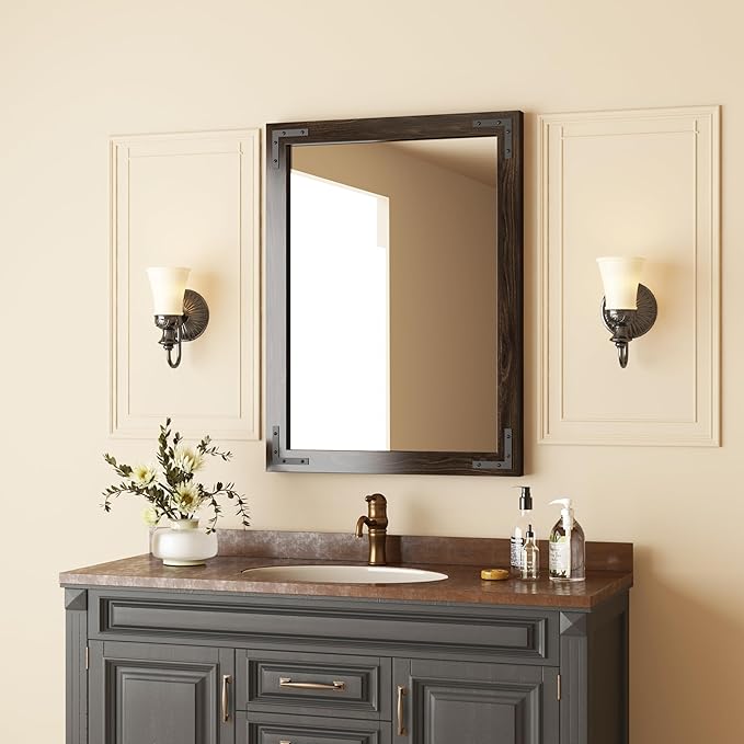 VocalStar Black Wood Framed Mirror 24 x 36 Inch, Rustic Natural Black Wooden Rectangle Bathroom Vanity Wall Mirror for Farmhouse Boho Decor, 1/4-inch Shatterproof Glass | Waterproof