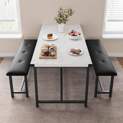Dining Table Set for 4, Kitchen Table with 2 Upholstered Benches, 3-Piece Dining Room Set for Kitchen, Apartment and Small Spaces, Marble White
