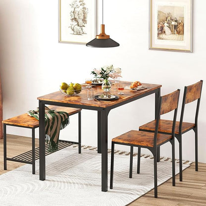 sogesfurniture 4-Piece Dining Table Set with 1 Bench and 2 Chairs, Kitchen Bench Table Set for 4, Wooden Kitchen Table and Chairs for Limited Space,Rustic Brown