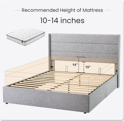 SHA CERLIN Queen Size Lift Up Storage Bed/Modern Wingback Headboard/Upholstered Platform Bed Frame/Hydraulic Storage/No Box Spring Needed/Wood Slats Support/Light Grey