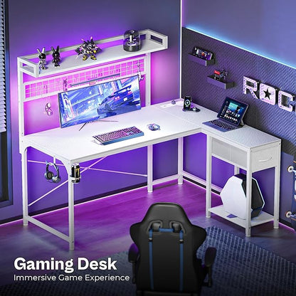 PRAISUN L Shaped Gaming Desk with Shelves, Corner Computer Table with LED Lights, Power Outlets and USB-C Ports, 50 Inch Reversible Home Office Desk with Storage Drawer, for Work and Study, White