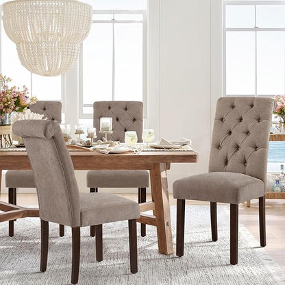 COLAMY Button Tufted Dining Chairs Set of 4, Parsons Upholstered Fabric Dining Room Chairs Kitchen Chairs with Wood Legs and Padded Seat, Taupe