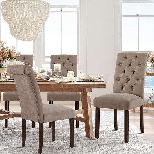 COLAMY Button Tufted Dining Chairs Set of 6, Parsons Upholstered Fabric Dining Room Chairs Kitchen Chairs with Wood Legs and Padded Seat, Taupe