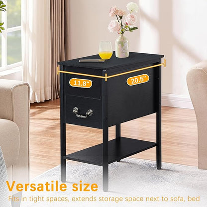 VECELO End Tables,Narrow Nightstand with Drawers and Storage Shelf,Modern Night Stand for Small Spaces, Living Room,Bedroom