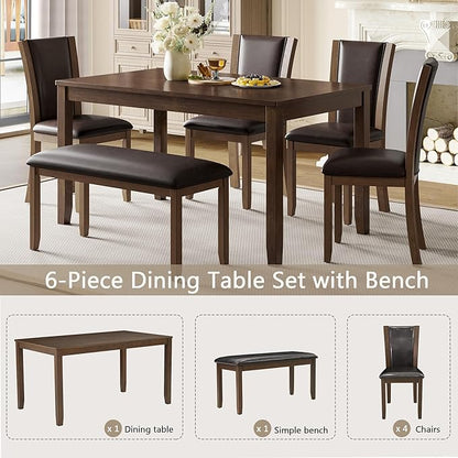 soges 6-Piece Large Dining Table Set with Leather Bench and Chairs, Wooden Dining Table Chairs Set for 6, Modern 6 Person Dining Room Set, Dark Walnut