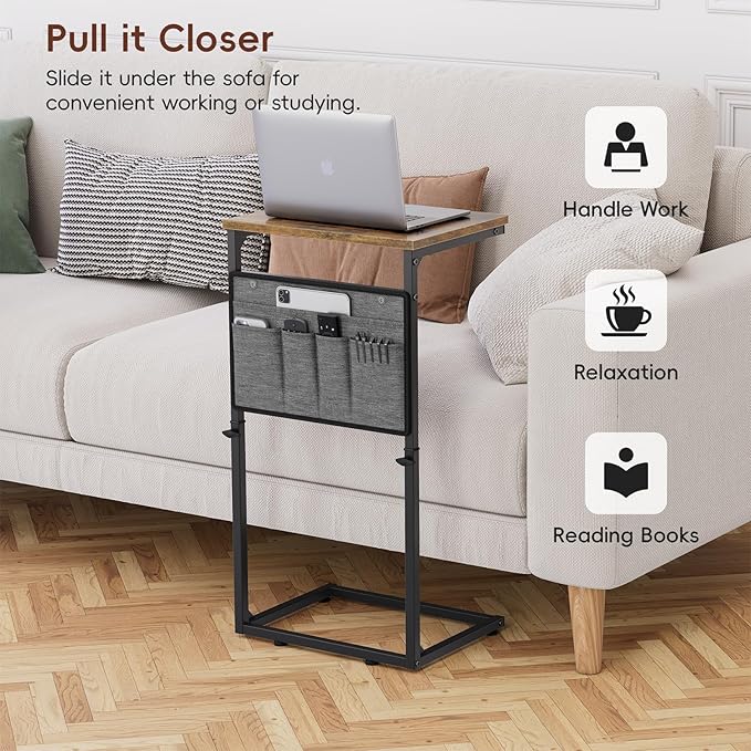 Vagusicc C Shaped End Table, 33'' Tall Side Table for Couch, Adjustable Height Small Couch Side Table for Small Spaces, End Table Slide Under Sofa Table TV Tray Table Arm Table for Living Room, Brown