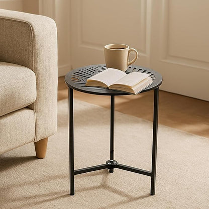 2 Packs 13" Metal Outdoor Side Tables Small Black Outside End Table for Patio Round Accent Corner Stand for Small Spaces Weather-Resistant Coffee Table for Balcony Porch Plant Stand, Pinna Form Leaf