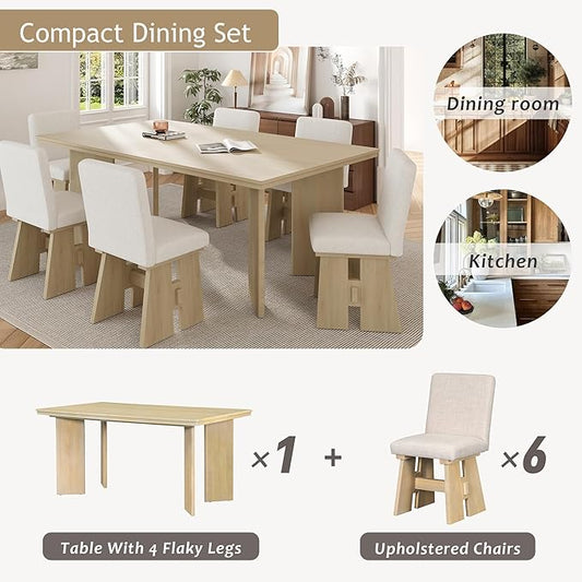 Ball & Cast Modern 7-Piece Dining Table Set with 6 Upholstered Chairs,Wood Tables Sets w/Space-Saving Design,Kitchen Furniture Suitable Big Family Gatherings,Natural