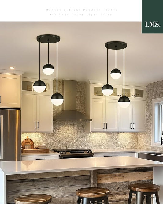 LMS Mid Century 3-Light Cluster Pendant Lights, Matte Black Kitchen Island Light Fixtures with White Globe Glass Shade, Adjustable Hanging Light for Home Office Bathroom Dining Room, LMS-186BK3