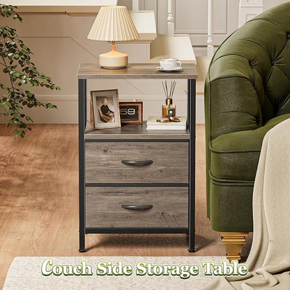 Huuger Night Stand Set of 2, Nightstand with 2 Drawers, Bed Side Table with Open Shelf, Wooden Top, End Table, Fabric Drawer with Oak Wooden Print Surface, for Bedroom