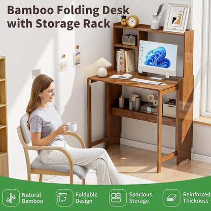 Bamboo Folding Desk with Storage Rack Mid Century Modern Desk for Home Office Bedroom Small Spaces, Brown