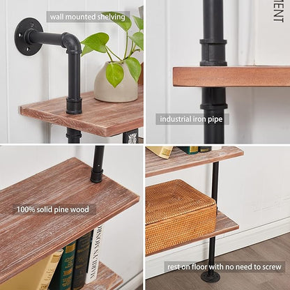 6 Tier Industrial Ladder Pipe Shelf Bookcase, Rustic Wall Mounted Pipe Bookshelves for Decor and Storage