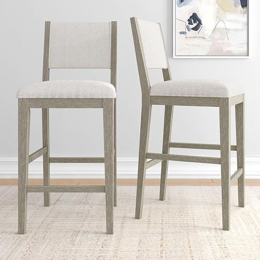 Plank+Beam Sereno Bar Stool, 30", Set of 2, Sturdy Wood Modern Kitchen Bar Height Stool, Upholstered Cushion Bar Chair with Back, Antique White/Ivory