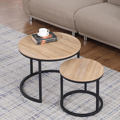 CENSI 24" Round Nesting Table, Accent Coffee Table, Natural Oak, Light Wooden Finish, Space-Saving, Modern Industrial Style