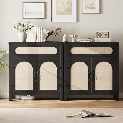 Garvee 29.9'' Small Rattan Buffet Cabinet with Storage, Kitchen Coffee Bar Cabinet with Doors and Drawer, Boho Farmhouse Sideboard with Adjustable Shelves and Handle for Living Room, Black