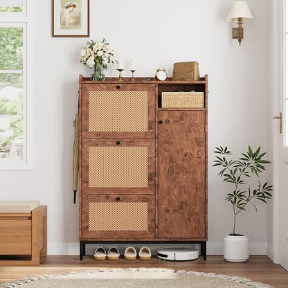 GarveeHome Shoe Cabinet Rattan with 3 Flip Drawers and 4-Tier Shoe Storage Cabinet, Freestanding Shoe Organizer with Adjustable Shelves for Entryway, Closet, Hallway (Tree Pomegranate)