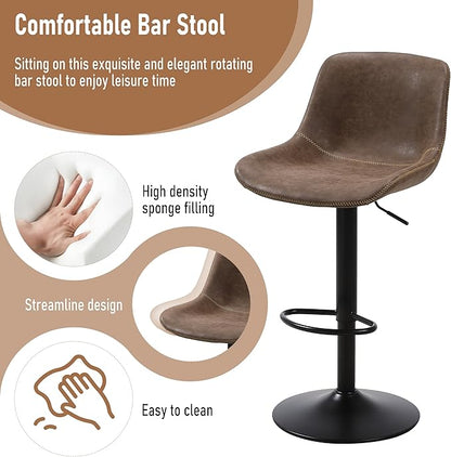 Bar Stools, Swivel Counter Height Barstools with Back, Adjustable Modern Bar Chairs, Tall Armless PU Leather Kitchen Island Stool (Brown, Set of 3)
