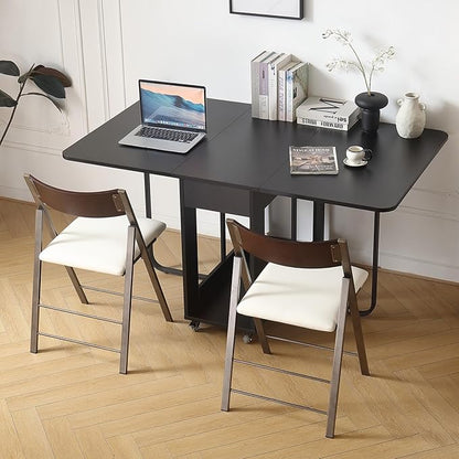 Folding table and chair set, dining table with extra large storage space and 4 universal wheels, matched with padded steel frame folding chairs, space-saving dining table and 2 chairs (White)