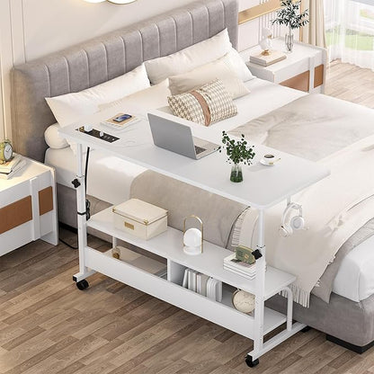 Armocity Height Adjustable Standing Desk with Power Outlets, 47" Manual Stand Up Desk with Storage Shelves Small Mobile Rolling Computer Desk Portable Laptop Table with Wheels for Home Office, White