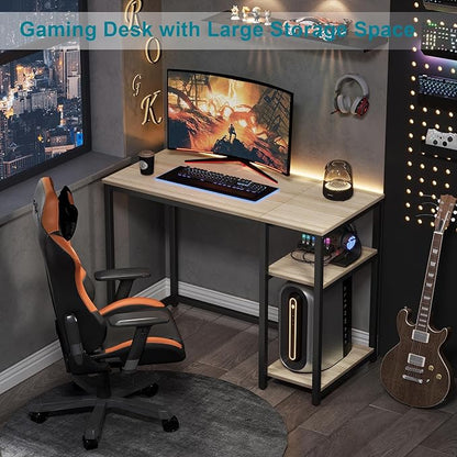 SINPAID Computer Desk 47 inches with 2-Tier Shelves Sturdy Home Office Desks with Large Storage Space Modern Gaming Desk Study Writing Laptop Table, Oak