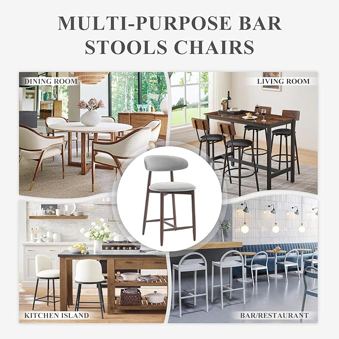 COLAMY Bar Stools Set of 2, Counter Height Bar Stools, Upholstered Counter Stools with Wood Legs for Kitchen Island Dining Room Bar, Light Grey