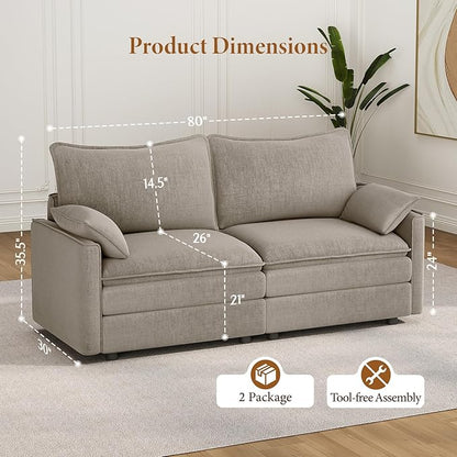 Vesgantti 74" Loveseat Sofa for Living Room, Comfy Cloud Couch Deep Seat Chenille Modern 2 Seater Small Sofa with Armrest Pillow, Easy Assembly for Small Spaces, Light Brown