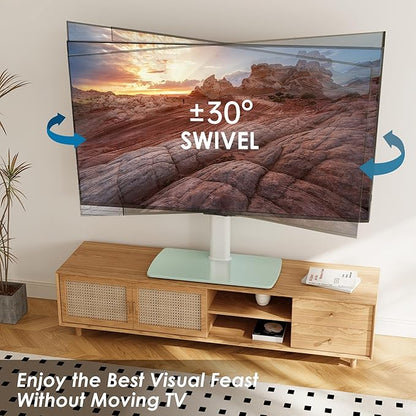 FITUEYES Universal TV Stand, Swivel TV Table Stand for 43 50-65 70 75 80 85Inch Flat Screen, Table Top TV Stand Base Replacement, Height Adjustable TV Mount Stand, Glass Base, Max Holds 110lbs