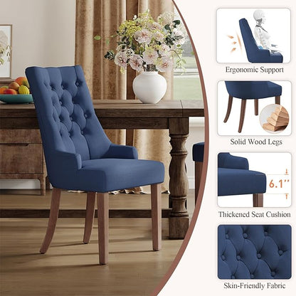 COLAMY Wingback Upholstered Side Dining Room Chairs Set of 6, Fabric Dining Chairs with Tufted Button, Living Room Chairs for Home Kitchen, Blue